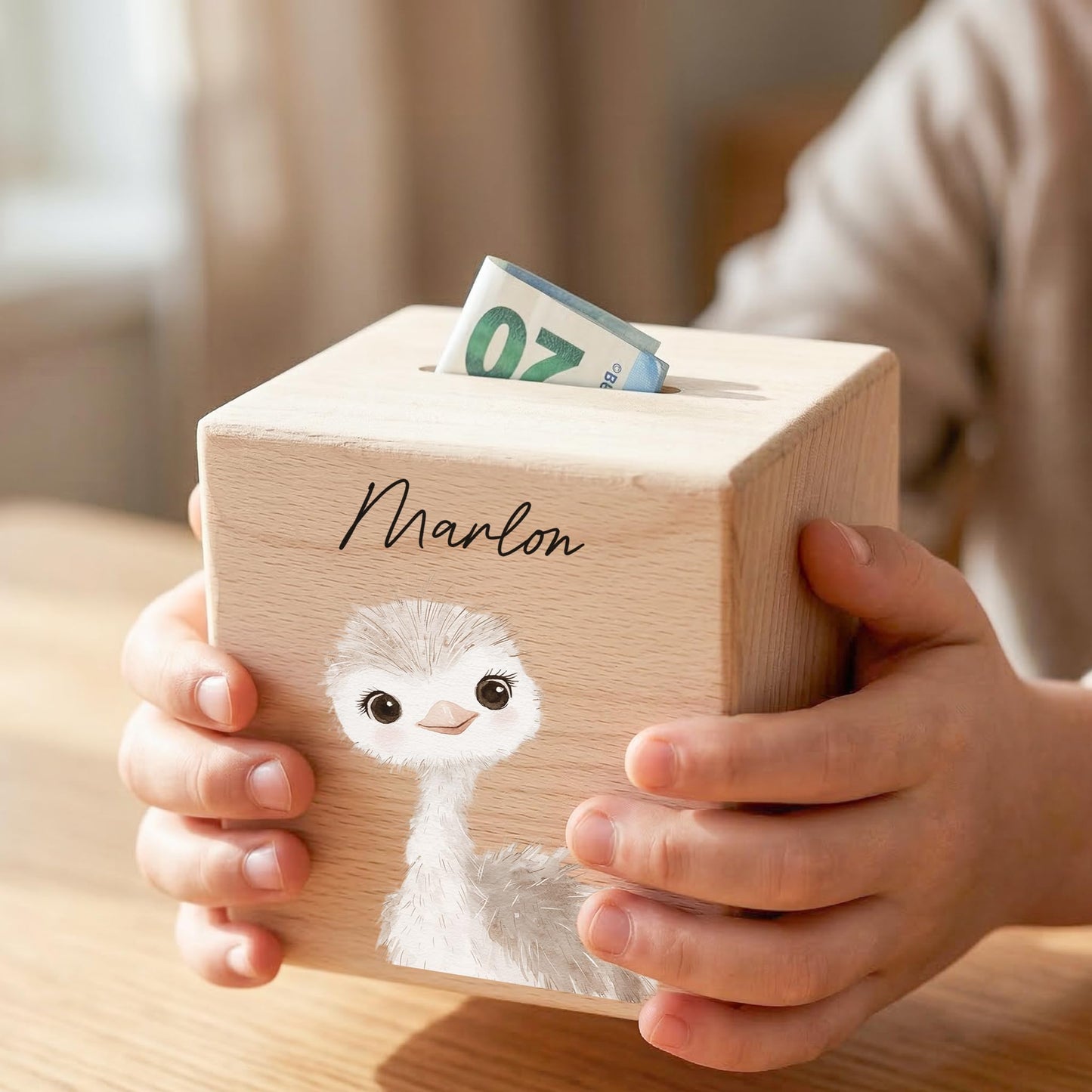 Spardose für Kinder Strauß personalisiert Safari Tiere Sparbox aus Holz Sparschwein mit Schlüssel Taufgeschenk für Jungen & Mädchen