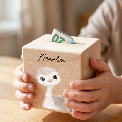Spardose für Kinder Strauß personalisiert Safari Tiere Sparbox aus Holz Sparschwein mit Schlüssel Taufgeschenk für Jungen & Mädchen