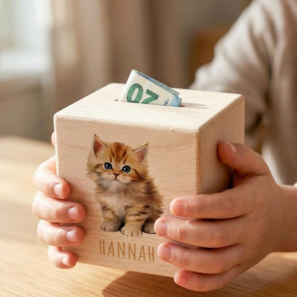Katze Spardose für Kinder personalisiert Sparbox aus Holz Sparschwein mit Schlüssel Taufgeschenk für Jungen und Mädchen