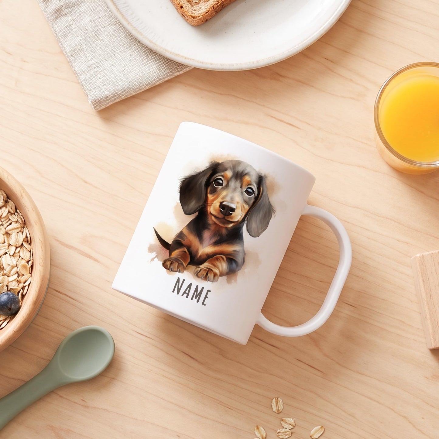 Bruchsichere Kindertasse leichte Kunststoff Tasse mit Henkel für Kindergarten, Dackel