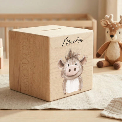 Spardose für Kinder Warzenschwein personalisiert Safari Tiere Sparbox aus Holz Sparschwein mit Schlüssel Taufgeschenk für Jungen & Mädchen
