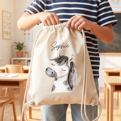 Pferd Turnbeutel Kinder personalisierter Sportbeutel für Kindergarten & Kita Stoffbeutel mit Kordelzug