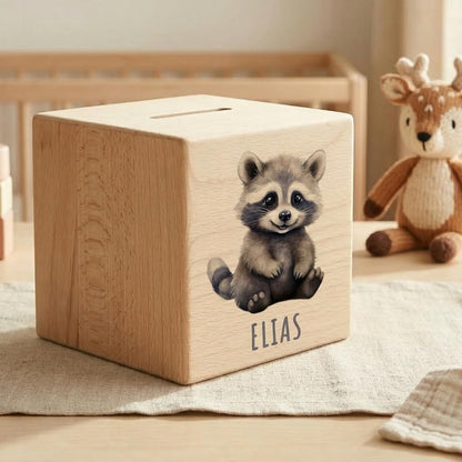 Waschbär Spardose für Kinder personalisiert Sparbox aus Holz Sparschwein mit Schlüssel Taufgeschenk für Jungen und Mädchen