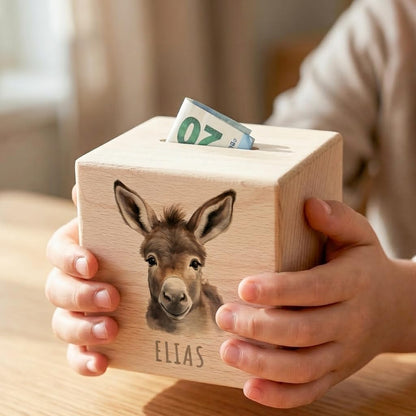 Esel Spardose für Kinder personalisiert Sparbox aus Holz Sparschwein mit Schlüssel Taufgeschenk für Jungen und Mädchen