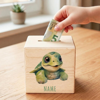 Schildkröte Spardose für Kinder personalisiert Sparbox aus Holz Sparschwein mit Schlüssel Taufgeschenk für Jungen und Mädchen