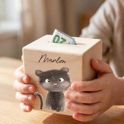 Spardose für Kinder Panter personalisiert Safari Tiere Sparbox aus Holz Sparschwein mit Schlüssel Taufgeschenk für Jungen & Mädchen