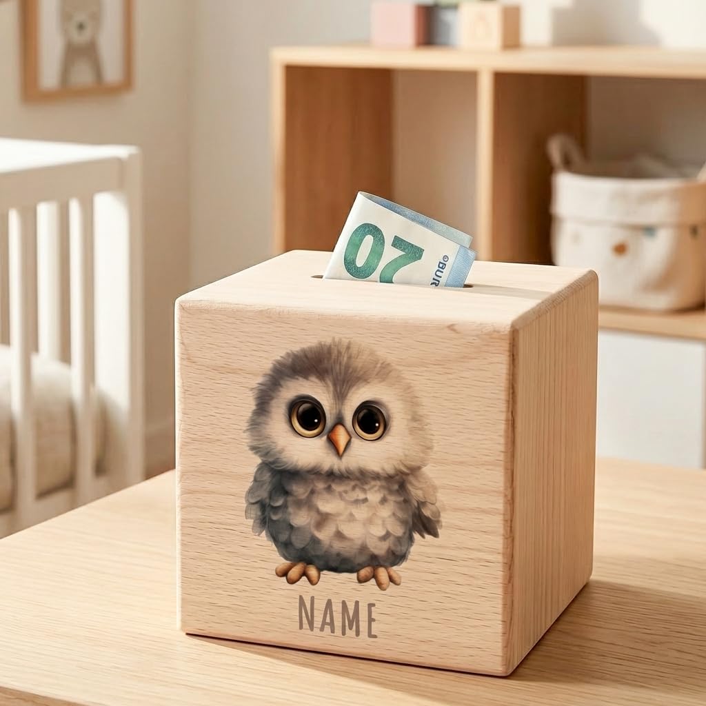 Eule Spardose für Kinder personalisiert Sparbox aus Holz Sparschwein mit Schlüssel Taufgeschenk für Jungen und Mädchen