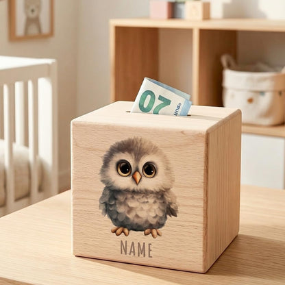 Eule Spardose für Kinder personalisiert Sparbox aus Holz Sparschwein mit Schlüssel Taufgeschenk für Jungen und Mädchen