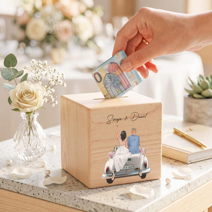 Hochzeitsgeschenk für Brautpaar personalisierte Spardose aus Holz als Geldgeschenk inkl. Schloss & Schlüssel