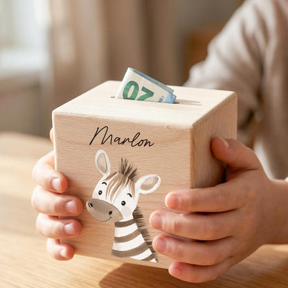 Spardose für Kinder Zebra personalisiert Safari Tiere Sparbox aus Holz Sparschwein mit Schlüssel Taufgeschenk für Jungen & Mädchen