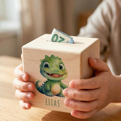 Dino Spardose für Kinder personalisiert Sparbox aus Holz T-Rex Sparschwein mit Schlüssel Taufgeschenk für Jungen und Mädchen