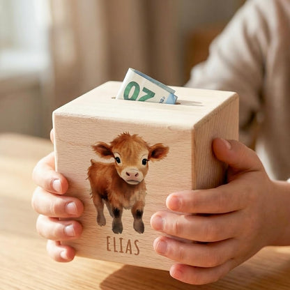 Kuh Spardose für Kinder personalisiert Sparbox aus Holz Sparschwein mit Schlüssel Taufgeschenk für Jungen und Mädchen