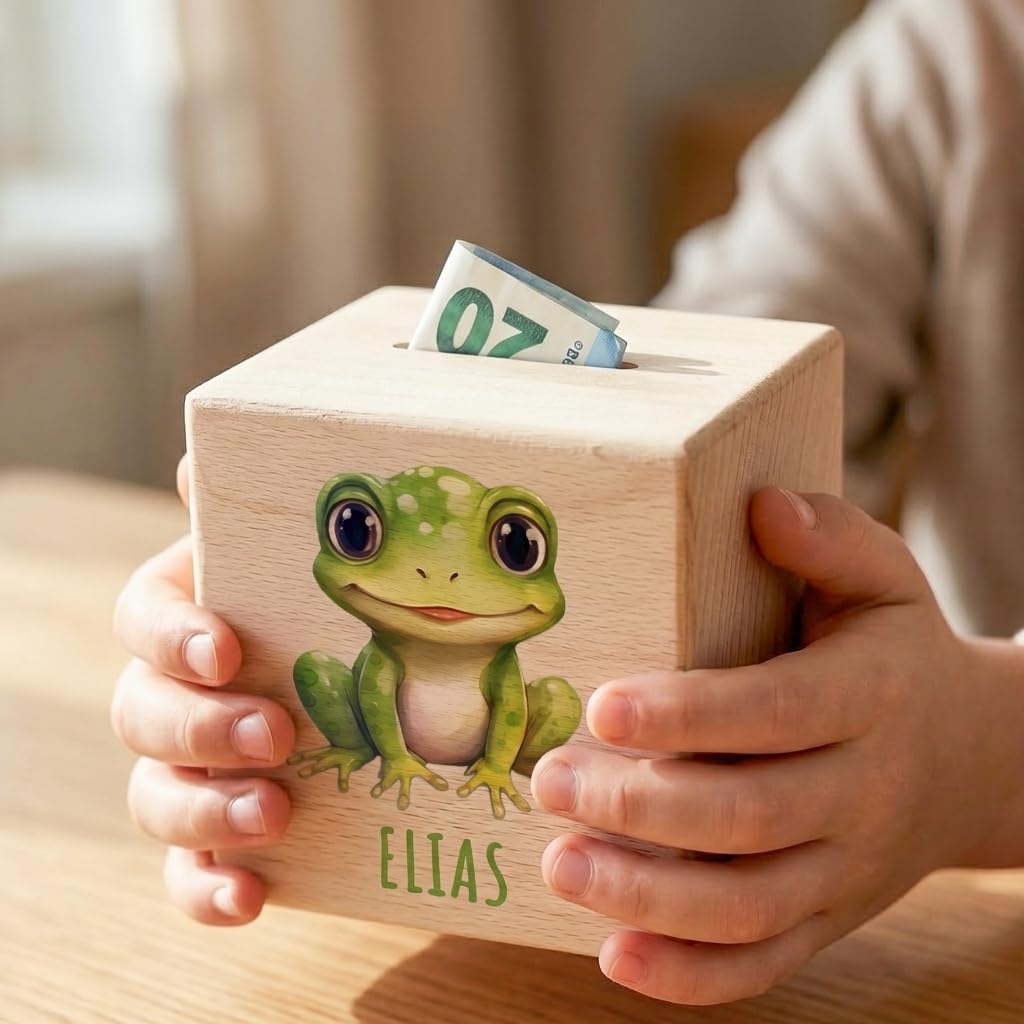 Frosch Spardose für Kinder personalisiert Sparbox aus Holz Sparschwein mit Schlüssel Taufgeschenk für Jungen und Mädchen