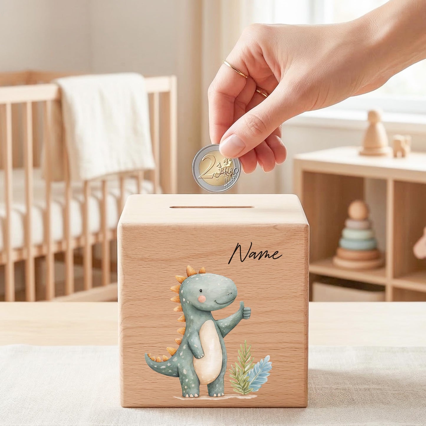 Spardose Dino für Jungen personalisierte Sparbox aus Holz Sparschwein für Kinder V2