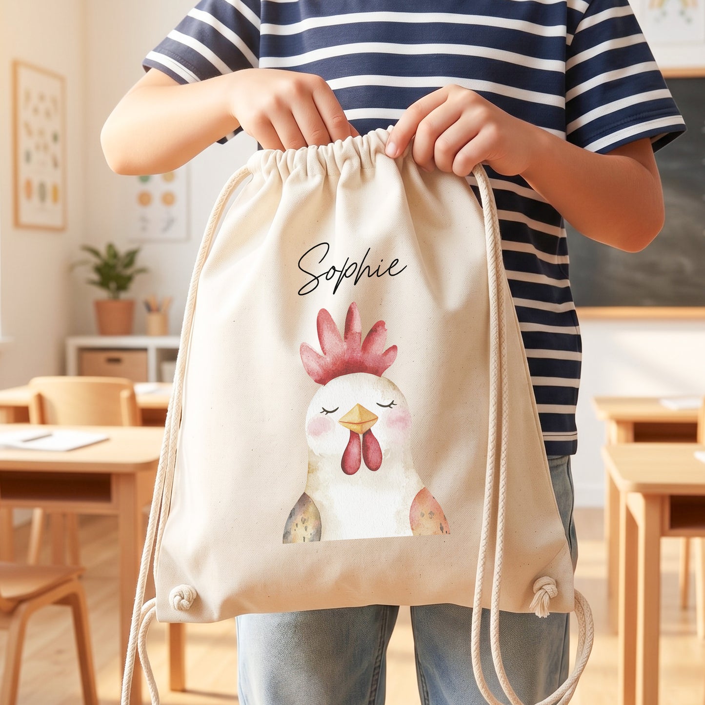 Hahn Turnbeutel Kinder personalisierter Sportbeutel für Kindergarten & Kita Stoffbeutel mit Kordelzug