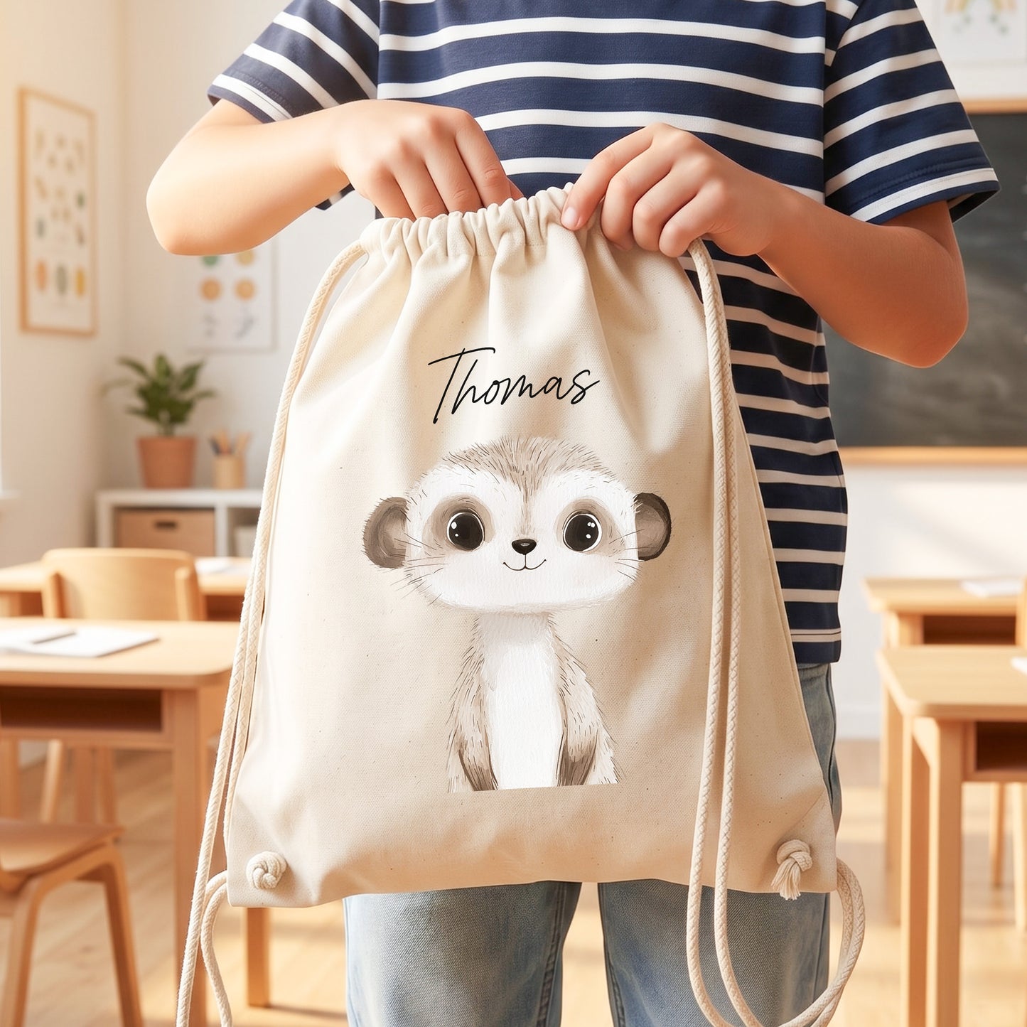 Erdmännchen Turnbeutel für Kinder personalisierter Sportbeutel für den Kindergarten Stoffbeutel mit Kordelzug