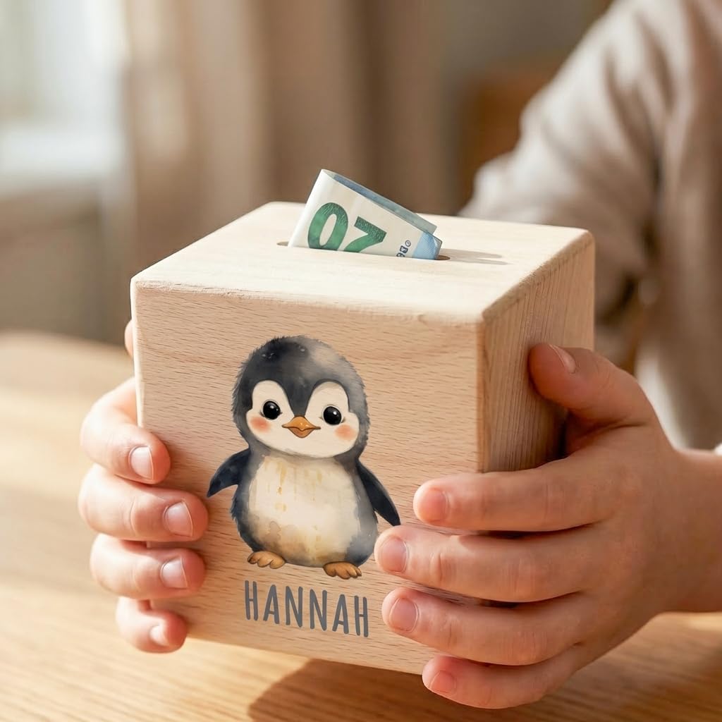 Pinguin Spardose für Kinder personalisiert Sparbox aus Holz Sparschwein mit Schlüssel Taufgeschenk für Jungen und Mädchen