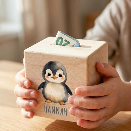 Pinguin Spardose für Kinder personalisiert Sparbox aus Holz Sparschwein mit Schlüssel Taufgeschenk für Jungen und Mädchen