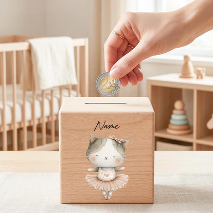Spardose für Mädchen personalisierte Sparbox aus Holz mit Katze Geldgeschenk für Kinder