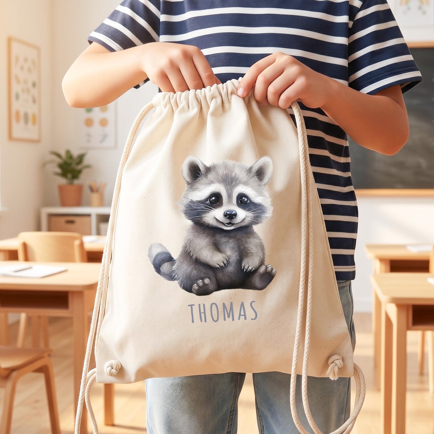 Waschbär Turnbeutel Kinder personalisierter Sportbeutel für den Kindergarten Stoffbeutel mit Kordelzug