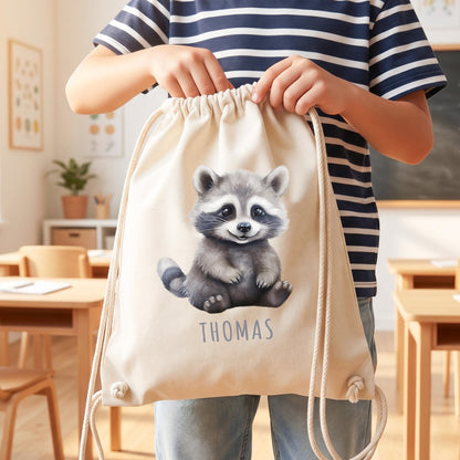 Waschbär Turnbeutel Kinder personalisierter Sportbeutel für den Kindergarten Stoffbeutel mit Kordelzug