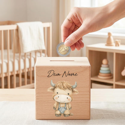 Bulle Spardose für Kinder aus Holz personalisierte Sparbox Holzspardose mit Schlüssel als Geldgeschenk
