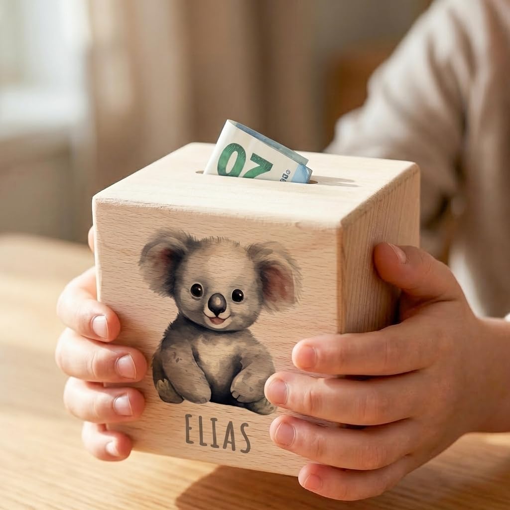 Koala Spardose für Kinder personalisiert Sparbox aus Holz Sparschwein mit Schlüssel Taufgeschenk für Jungen und Mädchen