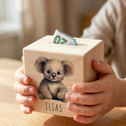Koala Spardose für Kinder personalisiert Sparbox aus Holz Sparschwein mit Schlüssel Taufgeschenk für Jungen und Mädchen