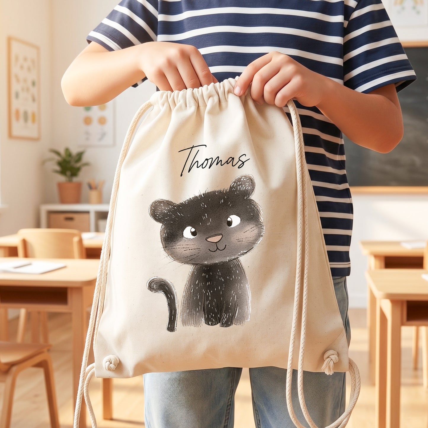 Panter Turnbeutel für Kinder personalisierter Sportbeutel für den Kindergarten Stoffbeutel mit Kordelzug
