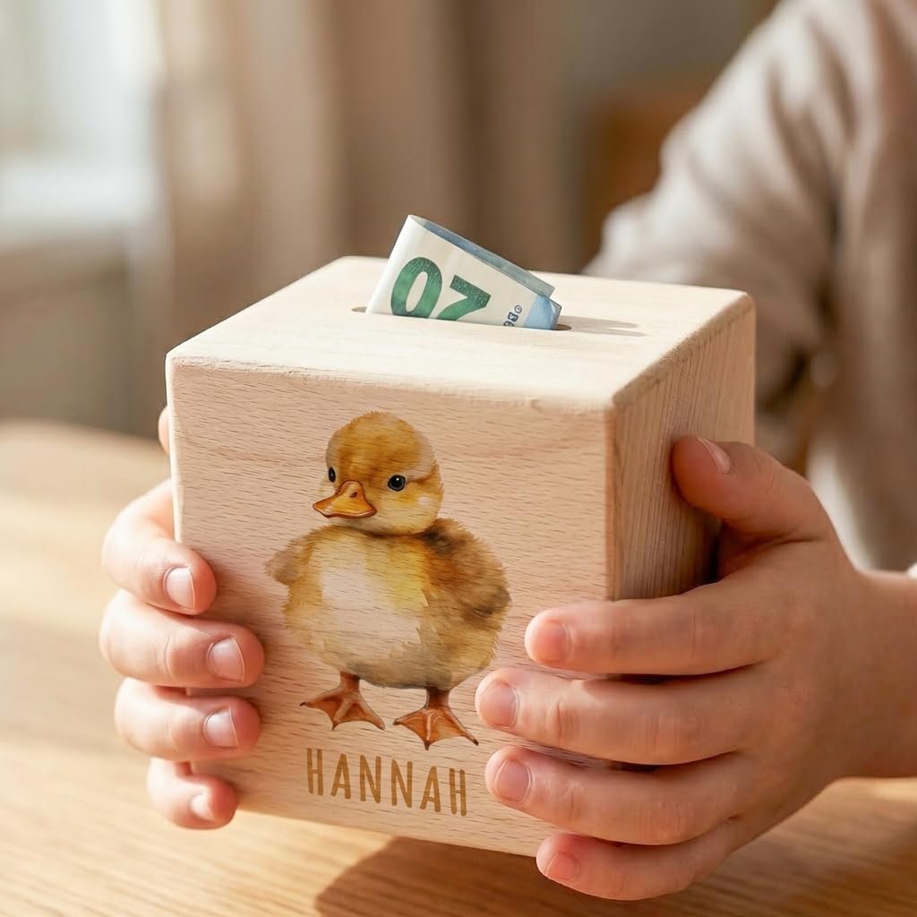 Ente Spardose für Kinder personalisiert Sparbox aus Holz Sparschwein mit Schlüssel Taufgeschenk für Jungen und Mädchen