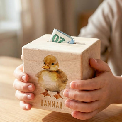 Ente Spardose für Kinder personalisiert Sparbox aus Holz Sparschwein mit Schlüssel Taufgeschenk für Jungen und Mädchen
