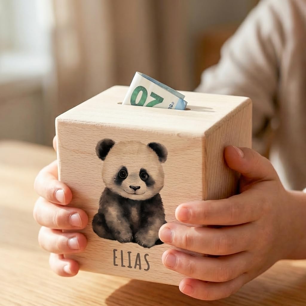 Panda Spardose für Kinder personalisiert Sparbox aus Holz Sparschwein mit Schlüssel Taufgeschenk für Jungen und Mädchen