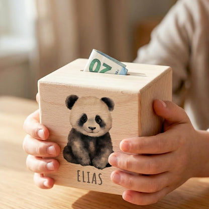 Panda Spardose für Kinder personalisiert Sparbox aus Holz Sparschwein mit Schlüssel Taufgeschenk für Jungen und Mädchen