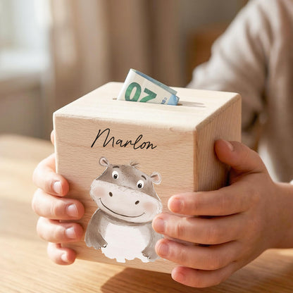 Spardose für Kinder Nilpferd personalisiert Safari Tiere Sparbox aus Holz Sparschwein mit Schlüssel Taufgeschenk für Jungen & Mädchen
