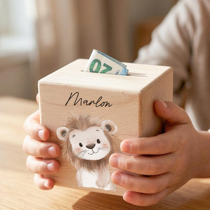 Spardose für Kinder Löwe personalisiert Safari Tiere Sparbox aus Holz Sparschwein mit Schlüssel Taufgeschenk für Jungen & Mädchen