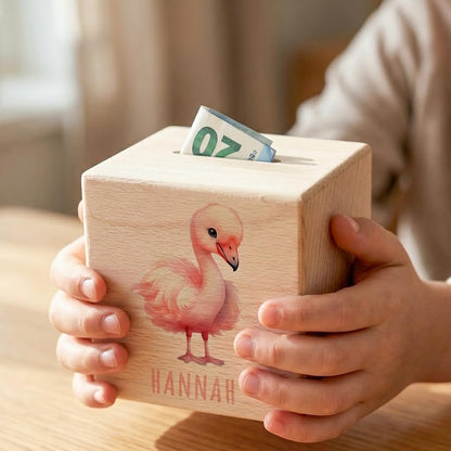 Flamingo Spardose für Kinder personalisiert Sparbox aus Holz Sparschwein mit Schlüssel Taufgeschenk für Jungen und Mädchen
