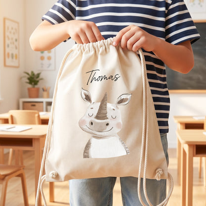 Nashorn Turnbeutel für Kinder personalisierter Sportbeutel für den Kindergarten Stoffbeutel mit Kordelzug