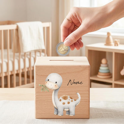 Spardose Dino für Jungen personalisierte Sparbox aus Holz Sparschwein für Kinder V3