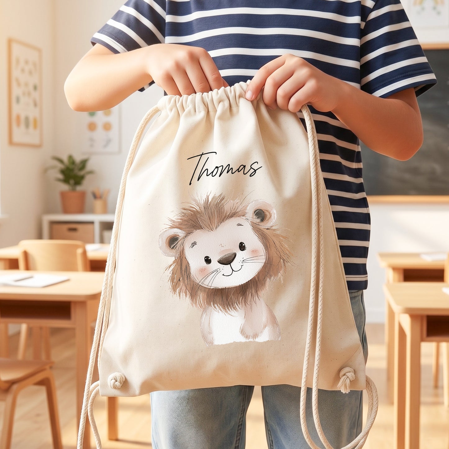 Löwe Turnbeutel für Kinder personalisierter Sportbeutel für den Kindergarten Stoffbeutel mit Kordelzug