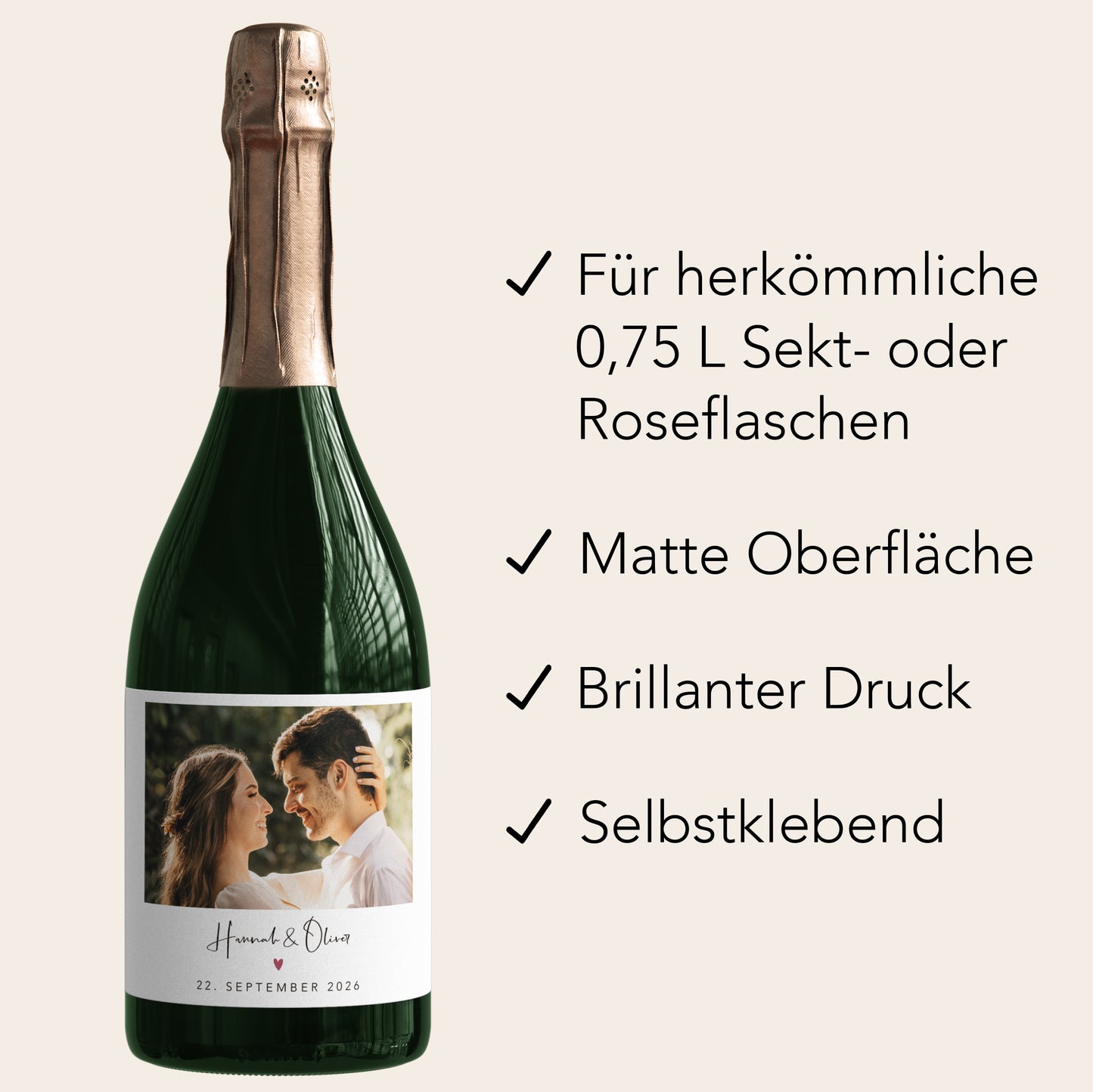 Hochzeitsgeschenke für Brautpaar personalisierte Sektetiketten mit Foto zur Hochzeit Sektetiketten selbstklebend 2 Stück | 9x13 cm