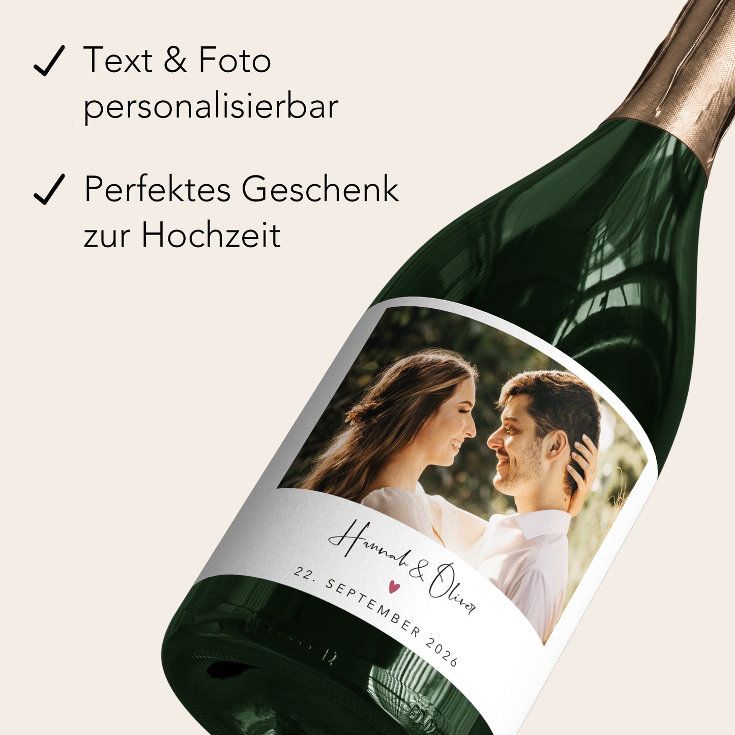 Hochzeitsgeschenke für Brautpaar personalisierte Sektetiketten mit Foto zur Hochzeit Sektetiketten selbstklebend 2 Stück | 9x13 cm