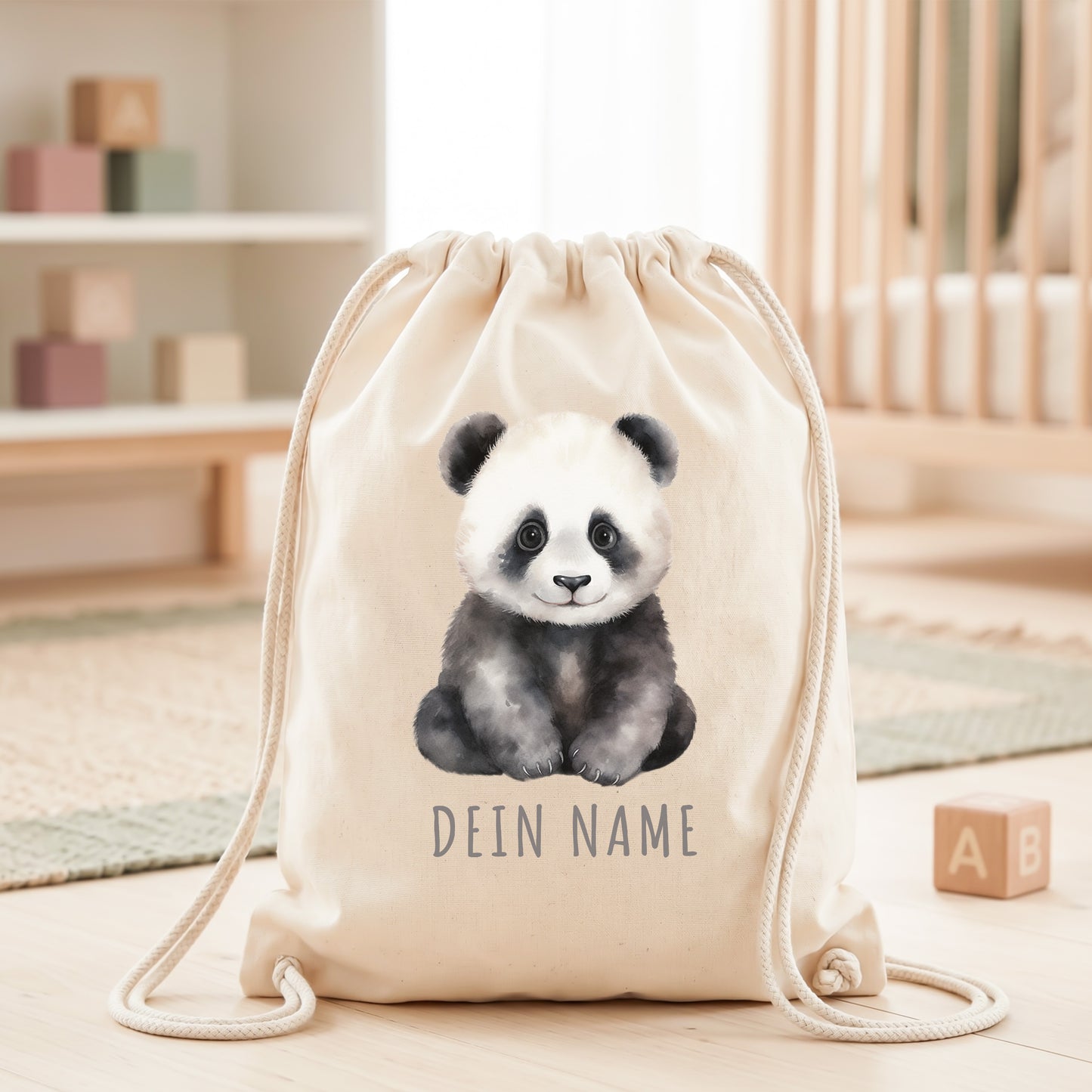 Panda Turnbeutel Kinder personalisierter Sportbeutel für den Kindergarten Stoffbeutel mit Kordelzug