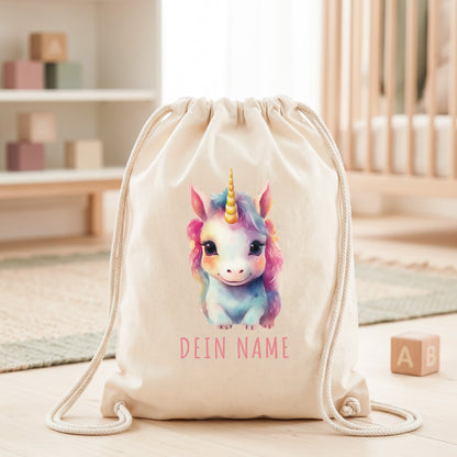 Einhorn Turnbeutel Kinder personalisierter Sportbeutel für den Kindergarten Stoffbeutel mit Kordelzug