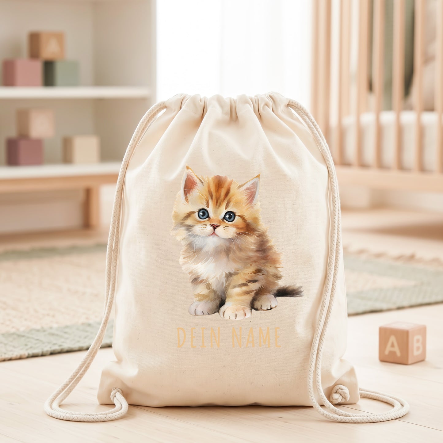 Katze Turnbeutel Kinder personalisierter Sportbeutel für den Kindergarten Stoffbeutel mit Kordelzug