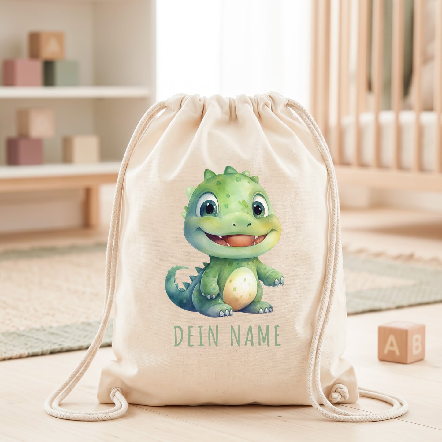 Dino Turnbeutel Kinder personalisierter Sportbeutel für den Kindergarten Stoffbeutel mit Kordelzug