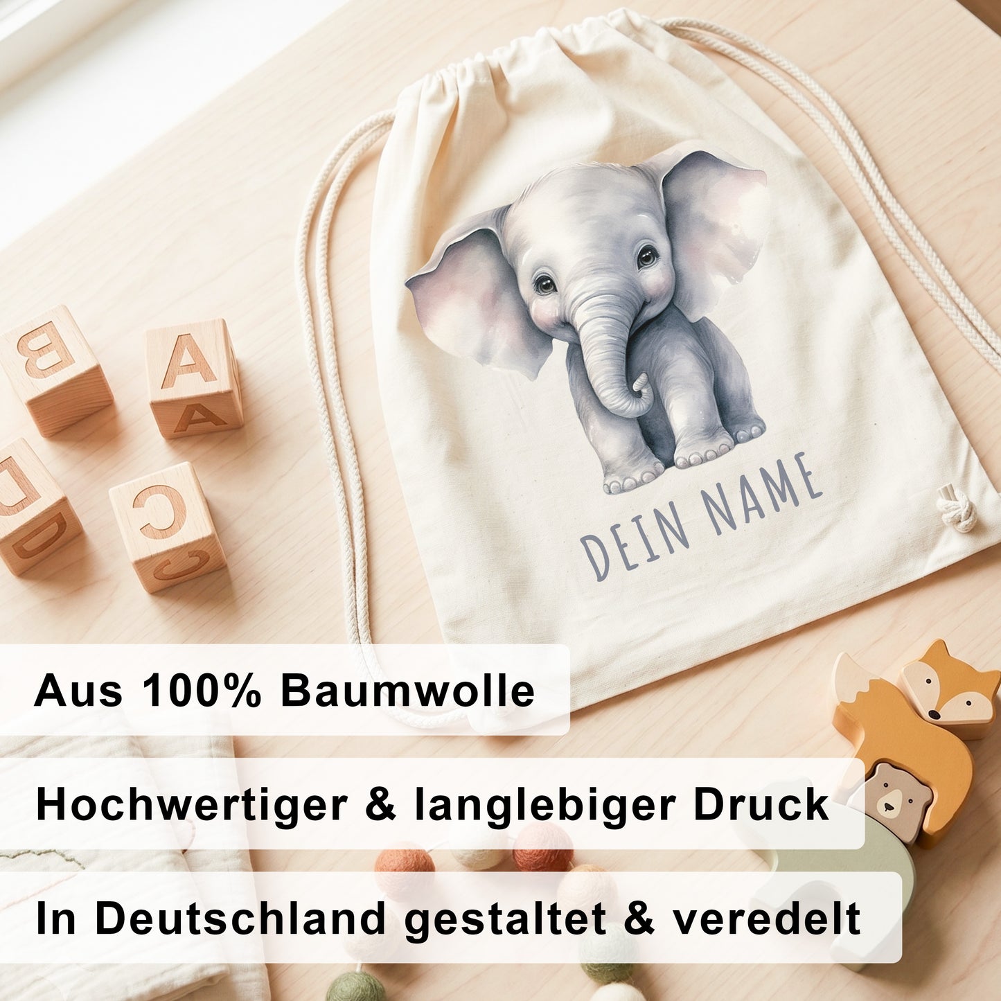 Elefant Turnbeutel Kinder personalisierter Sportbeutel für den Kindergarten Stoffbeutel mit Kordelzug