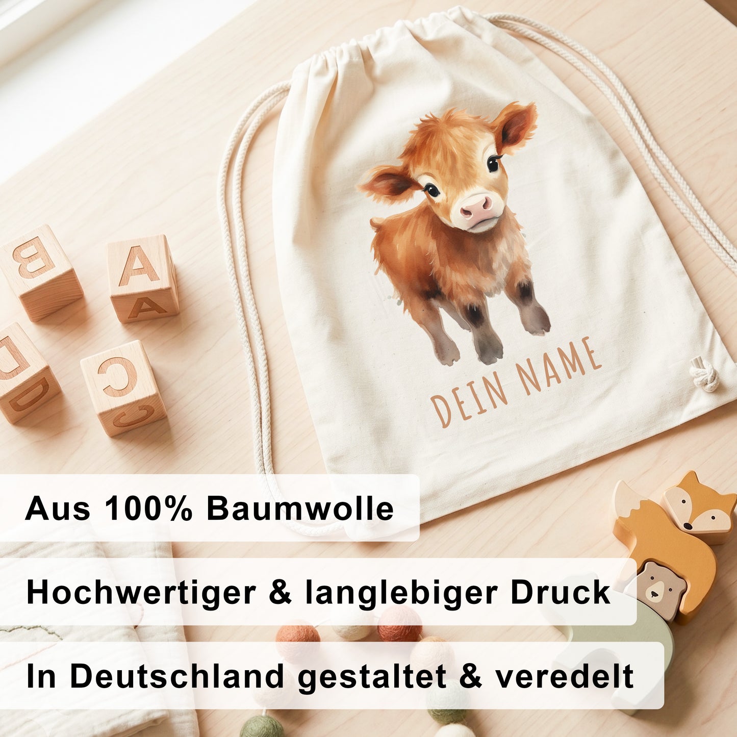 Kuh Turnbeutel Kinder personalisierter Sportbeutel für den Kindergarten Stoffbeutel mit Kordelzug