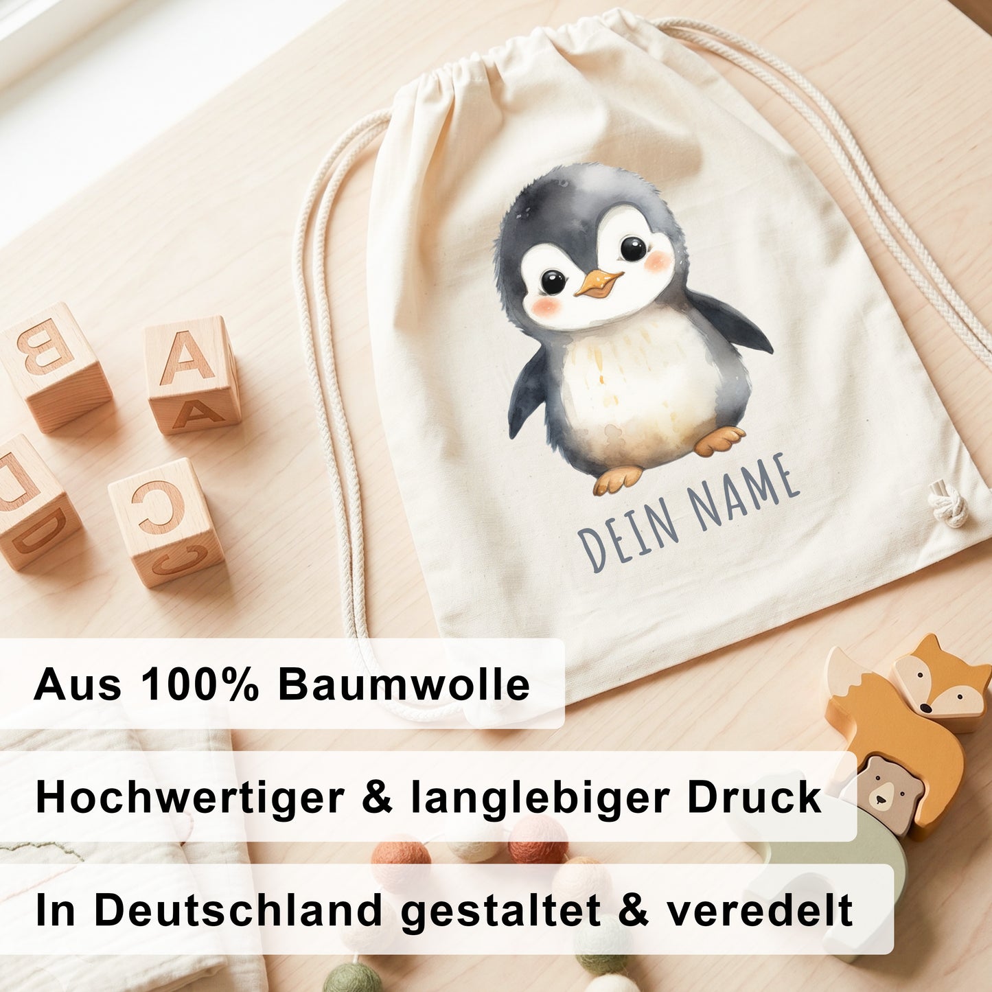 Pinguin Turnbeutel Kinder personalisierter Sportbeutel für den Kindergarten Stoffbeutel mit Kordelzug