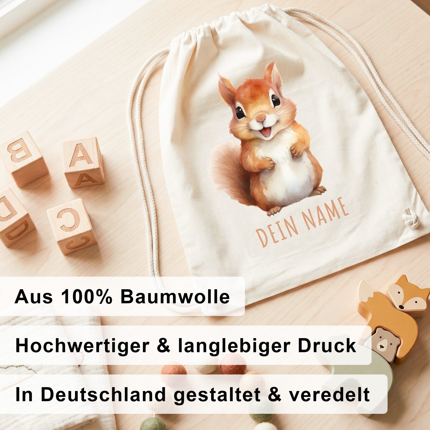 Eichhörnchen Turnbeutel Kinder personalisierter Sportbeutel für den Kindergarten Stoffbeutel mit Kordelzug