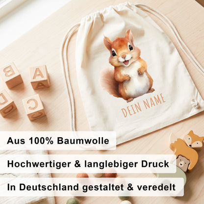 Eichhörnchen Turnbeutel Kinder personalisierter Sportbeutel für den Kindergarten Stoffbeutel mit Kordelzug